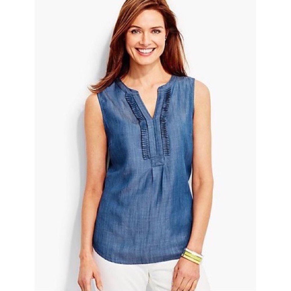 Talbots Chambray Ruffle Trim Sleeveless Shell Top Sz M